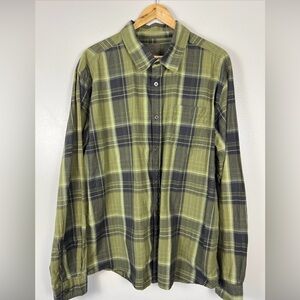 prAna Shirt Men's XL Organic Cotton‎ Green Plaid Button Front Long Sleeve EUC